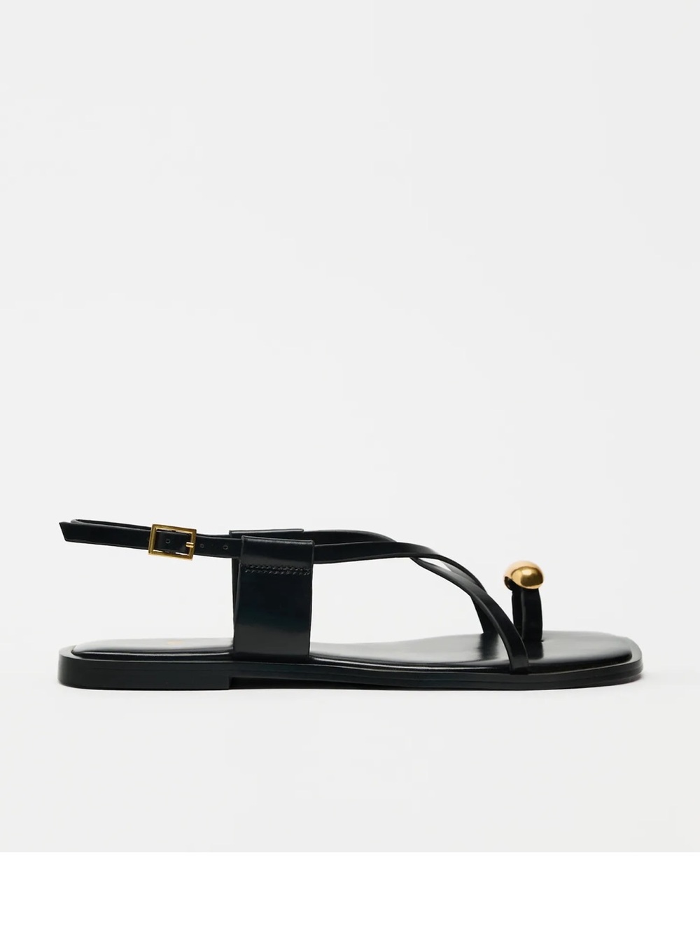 ZARA Black Leather Strappy Sandals with Gold Accent